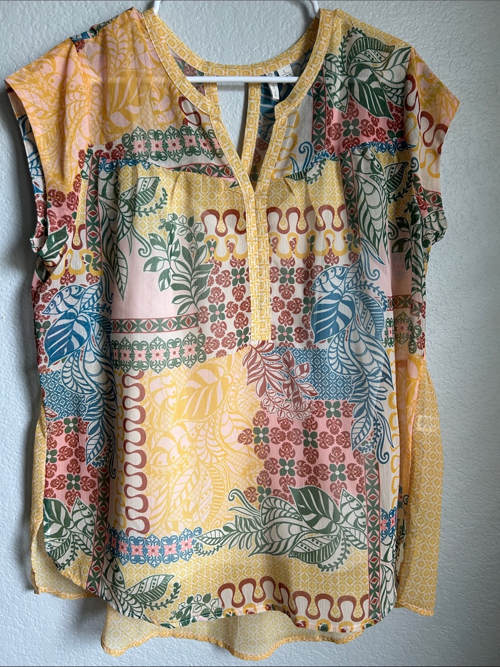 Cato Yellow Multi Floral Patchwork Cap-Sleeve Tunic